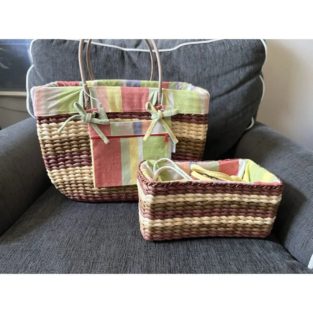 Sun N Sand Sunny Woven Lined Basket Totes w/ Draw Top Buckets - 3 Piece Set - Picture 1 of 14